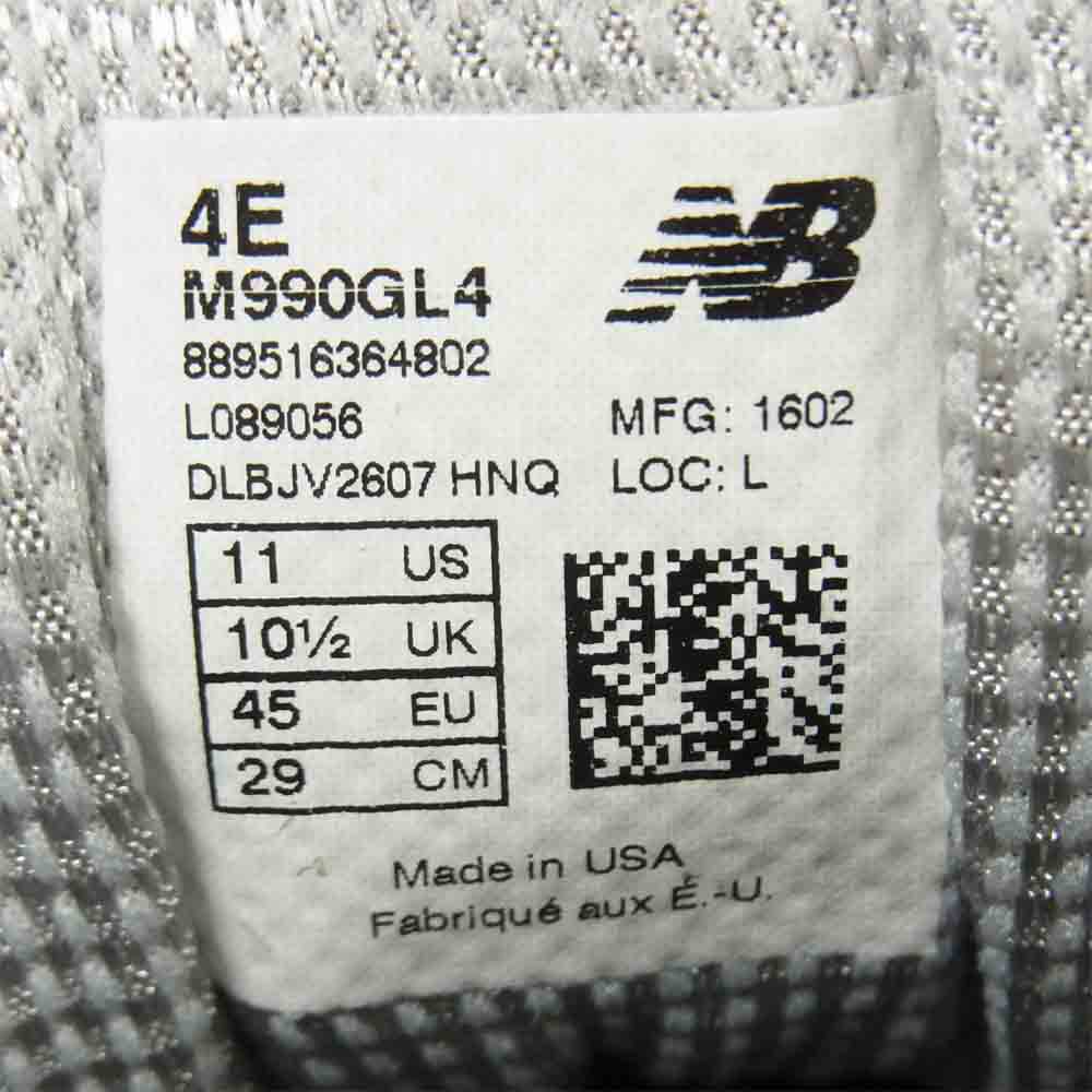 NEW BALANCE ニューバランス M990GL4 4Eワイズ スニーカー アメリカ製 グレー系 29cm【中古】