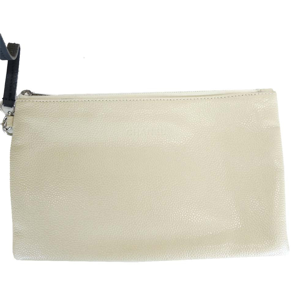 CHANEL シャネル A92211 オンザロード キャビアスキン ワイルドステッチ ポーチ付き トートバッグ ベージュ系【中古】