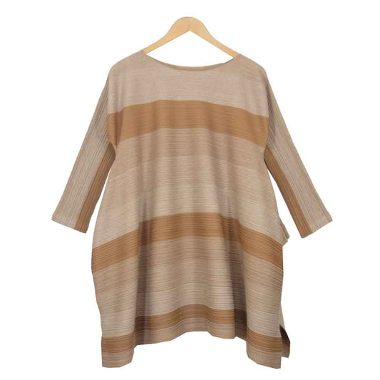 プリーツプリーズ ISSEY MIYAKE イッセイミヤケ PP91-JT692 横プリーツ ボーダー 変形 フレア トップス ブラウン系 3【中古】