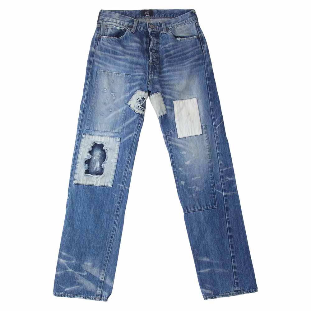 パッチワーク ダメージ加工 デニム パンツ インディゴブルー系 3【中古 