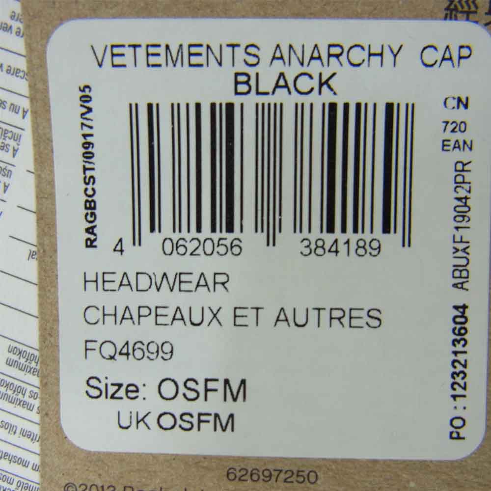 VETEMENTS ヴェトモン UAH20AC609 Reebok リーボック Anarchy Cap アナーキー ロゴ刺繍 キャップ ブラック系 OSFM【新古品】【未使用】【中古】