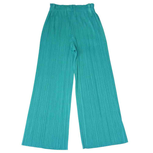 プリーツプリーズ ISSEY MIYAKE イッセイミヤケ PP53-JF143 プリーツ加工 ベルトループ ワイドパンツ ターコイズカラー グリーン系 4【美品】【中古】