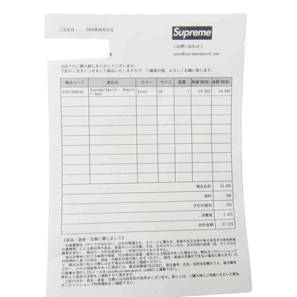 Supreme シュプリーム 20AW Smurfs Regular Jeans スマーフ レギュラー ジーンズ ブラック デニム パンツ ブラック系 30【中古】