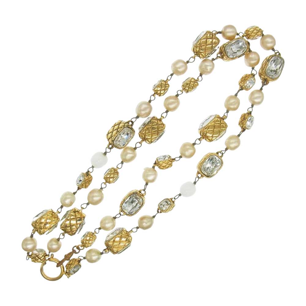 CHANEL シャネル 2 3 刻印 マトラッセ ラインストーン フェイクパール ネックレス ゴールド系【中古】