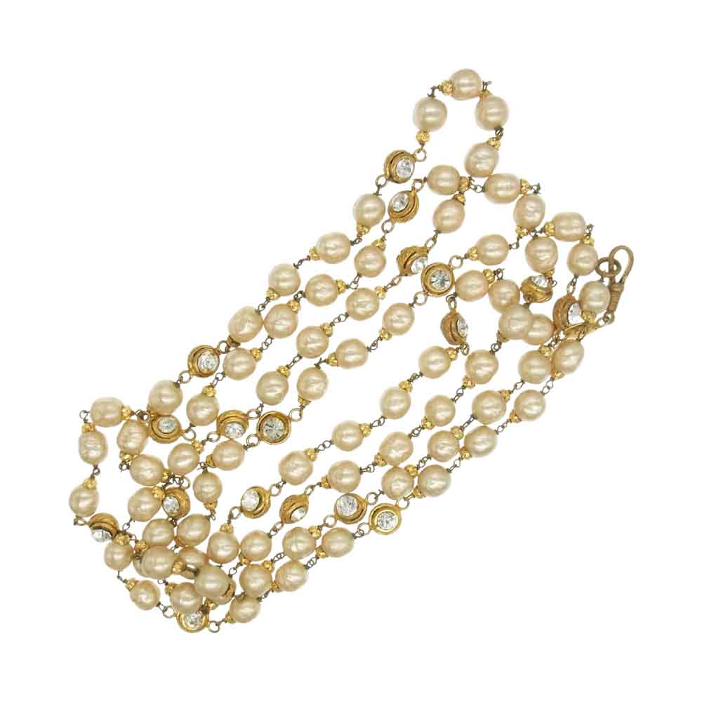 CHANEL シャネル ラインストーン フェイクパール ロング ネックレス ゴールド系【中古】