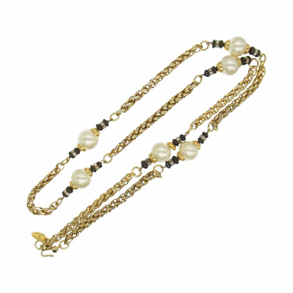 CHANEL シャネル フィイクパール ラインストーン ネックレス ゴールド系【中古】