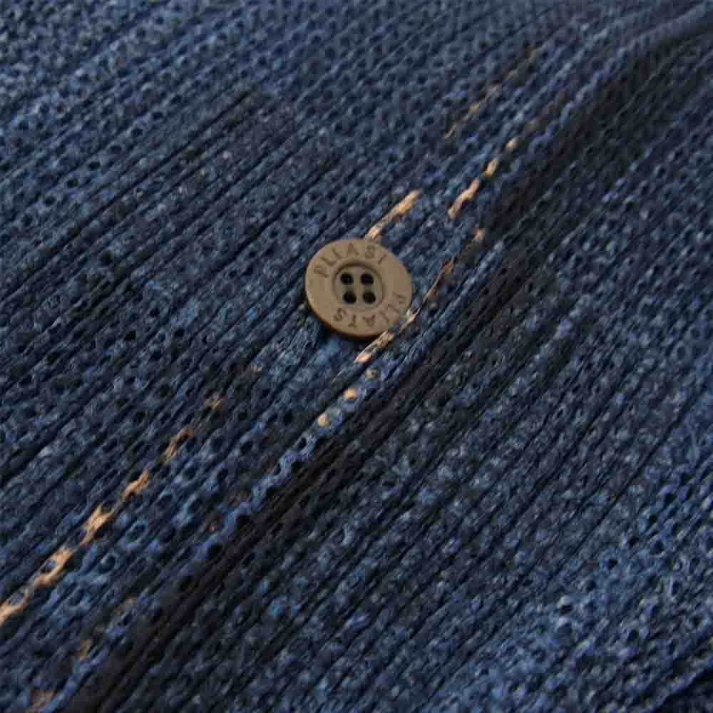 PLEATS PLEASE プリーツプリーズ イッセイミヤケ PP12-JO545 プリーツ加工 メッシュ デニム 転写 プリント シャツ ブラウス 長袖 ネイビー系 サイズ表記無【美品】【中古】