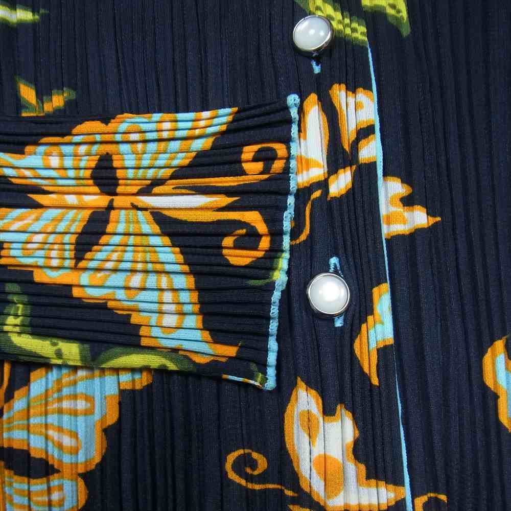 PLEATS PLEASE プリーツプリーズ イッセイミヤケ PP92-JK025 プリーツ加工 バタフライ 総柄 シャツ ブラウス 長袖 ダークネイビー系 3【美品】【中古】