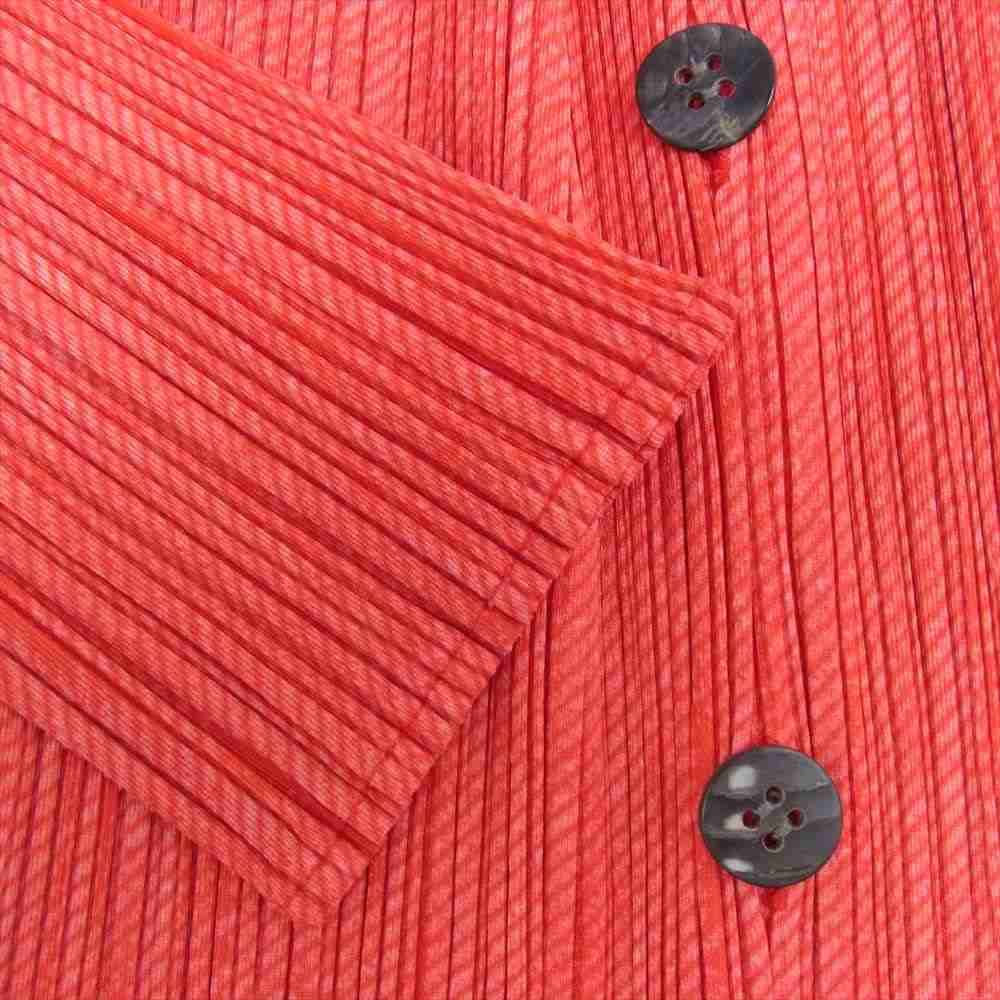 PLEATS PLEASE プリーツプリーズ イッセイミヤケ プリーツ加工 綾織転写総柄 3ピースセットアップ カーディガン ノースリーブ パンツ サーモンピンク レッド系 4【中古】