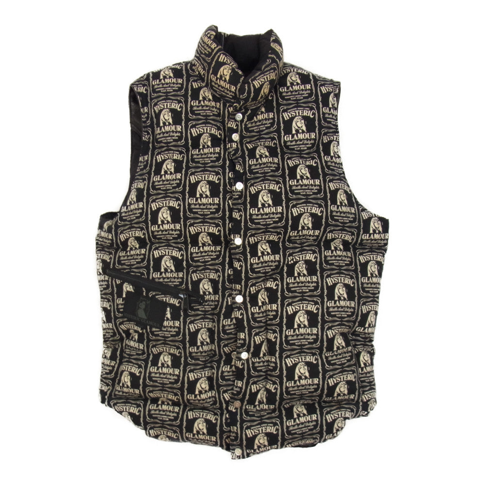 HYSTERIC GLAMOUR ヒステリックグラマー ROCKY MOUNTAIN ロッキーマウンテン 0234AV01 裏地総柄 レザーヨーク ダウンベスト ブラック系 S【中古】