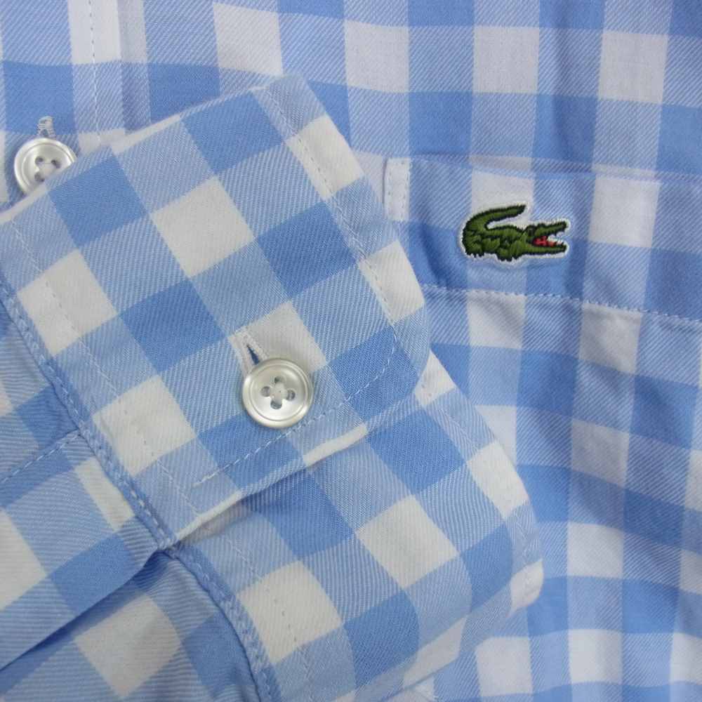 LACOSTE ラコステ ロゴ刺繍 チェック 長袖 シャツ ライトブルー系 L【中古】