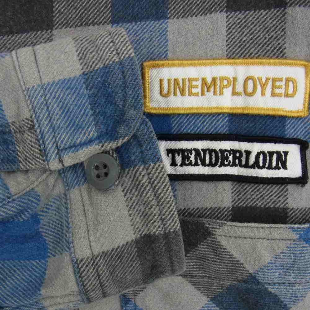 TENDERLOIN テンダーロイン 05AW T-20RG UNEMPLOYED ヘビーネル ワッペン チェック シャツ ライトブルー系 グレー系 L【中古】