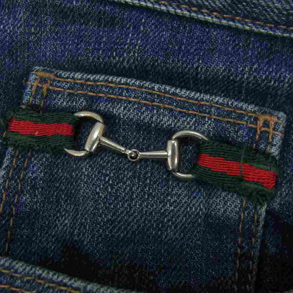 GUCCI グッチ 国内正規品 イタリア製 222126 XZ406 ヴィンテージ加工 レザーパッチ シェリーライン ストレート デニムパンツ インディゴブルー系 46【中古】