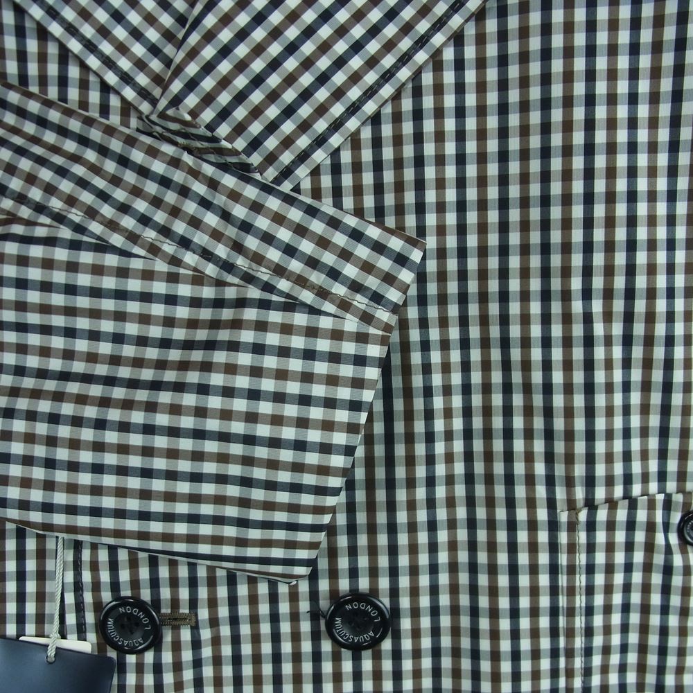 Aquascutum アクアスキュータム A9150906 チェック柄 レザーパイピング パッカブル Pコート ピー コート ブラック系 ブラウン系 34【新古品】【未使用】【中古】