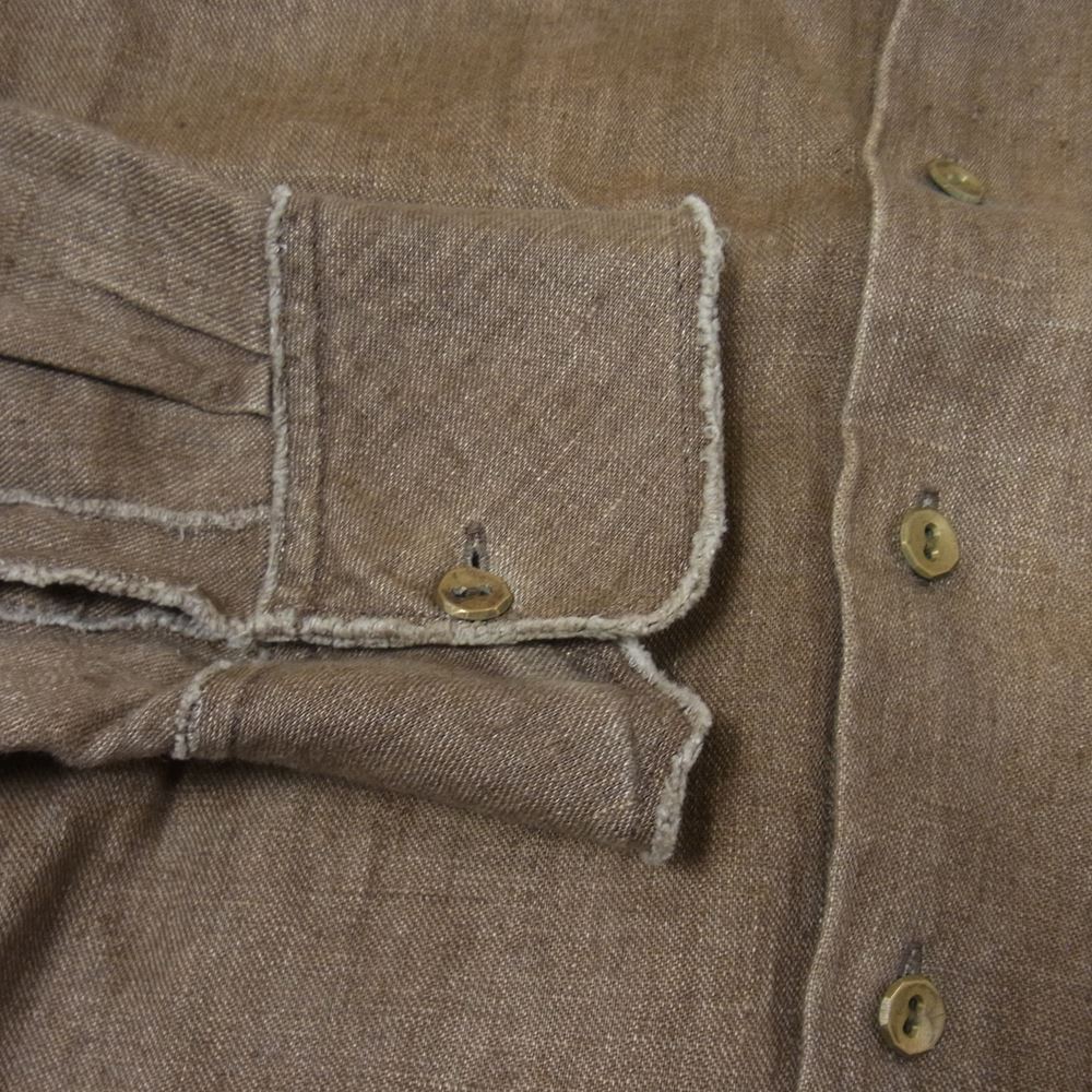 アラキユウ ELS06-ELSBLI. Raw Cut Narrow Pointed Collar ブラスボタン カットオフ レギュラーカラー 長袖 シャツ ブラウン系 1【美品】【中古】