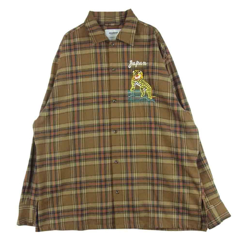 ダブレット 20AW PUPPET ANIMAL EMBROIDERY CHECK ウール 長袖 ネル シャツ 日本製 ブラウン系 S【中古】