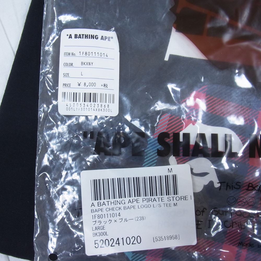 A BATHING APE アベイシングエイプ BAPE Check Bape Logo L/S Tee 長袖 ロンT ブラック系 L【新古品】【未使用】【中古】