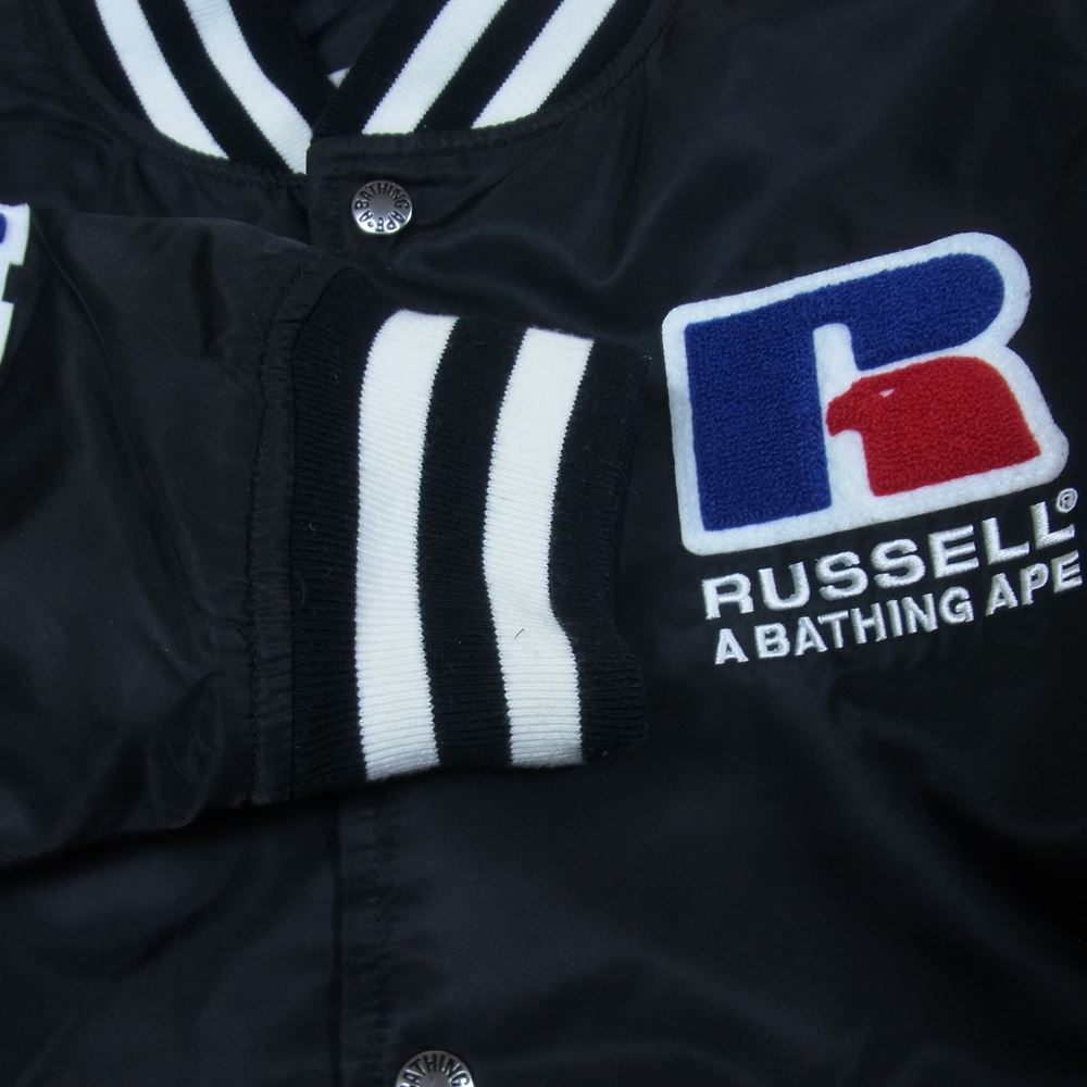 A BATHING APE アベイシングエイプ 001LJG731913X RUSSELL COLLEGE ATHLETIC VARSITY JACKET ラッセル アスレティック パッチワーク スタジアム ジャケット スタジャン ブラック系 M【中古】