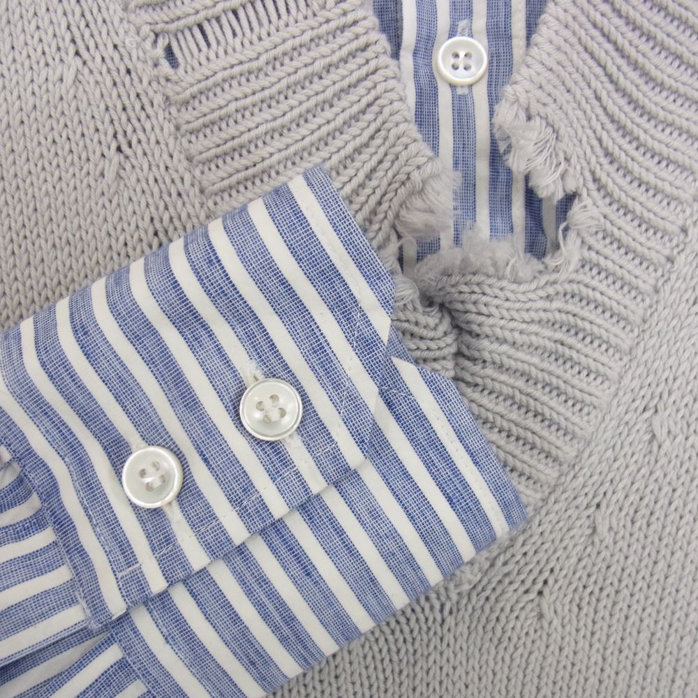 MAISON MARGIELA メゾンマルジェラ 1ライン 22SS S51DL0394 S54773 Holy trinity ダメージ加工 ニット ドッキング ストライプ 長袖 シャツ グレー系 36【美品】【中古】