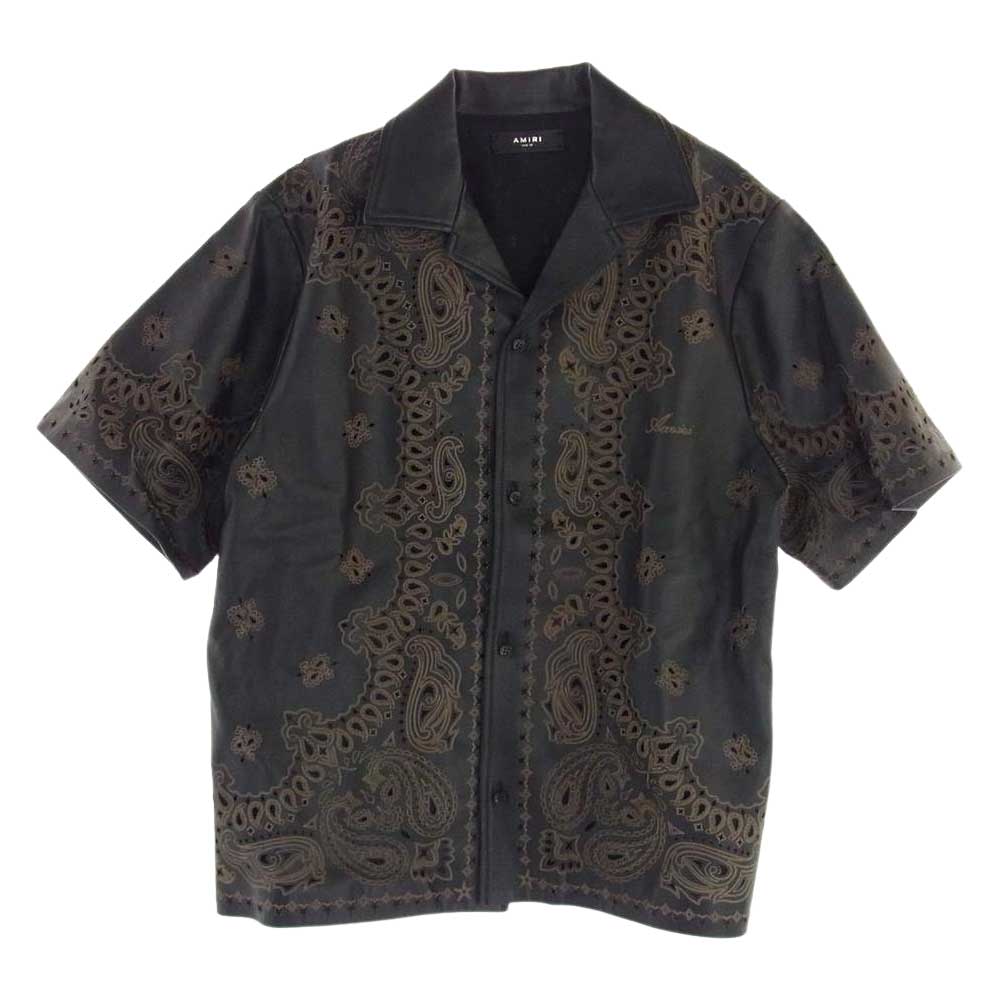 アミリ AMIRI 半袖シャツ バンダナプリント レーザーカット レザー 半袖 ボウリング シャツ ブラック系【美品】【中古】 アミリ バンダナプリント レーザーカット レザー 半袖 ボウリング