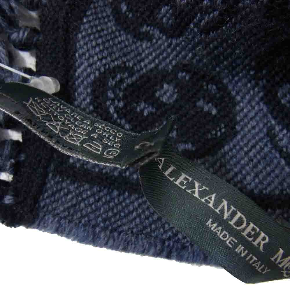 Alexander McQueen アレキサンダーマックイーン イタリア製 スカル総柄 ウール フリンジ マフラー ストール ネイビー系【中古】