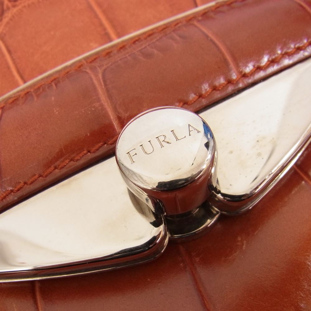 Furla フルラ クロコ 型押し レザー ハンド バッグ ブラウン系【中古】