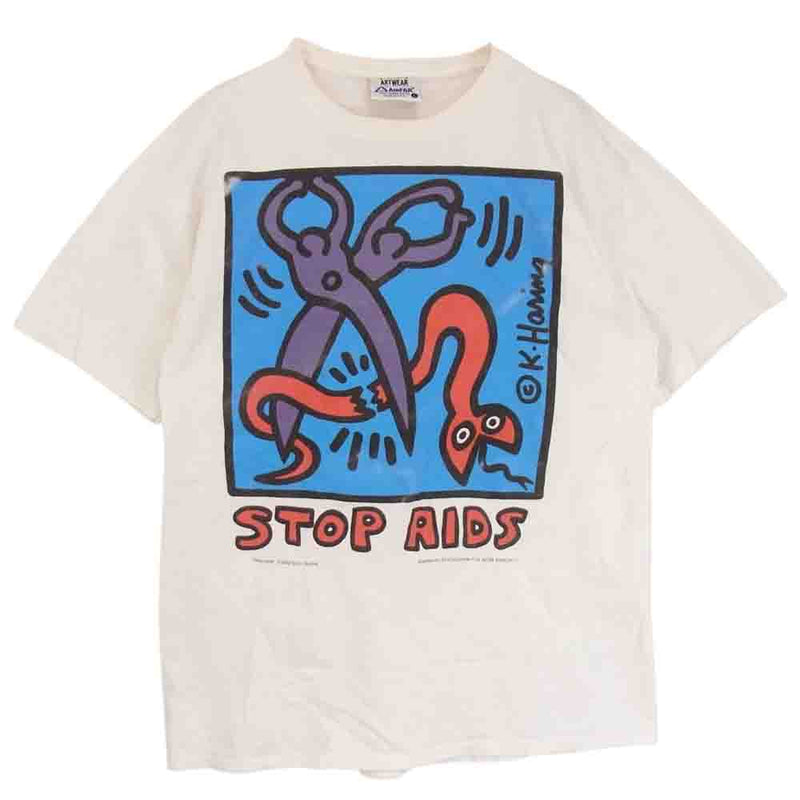 ヴィンテージ 90s Keith Haring STOP AIDS Tee キース へリング Tシャツ ホワイト系 L【中古】