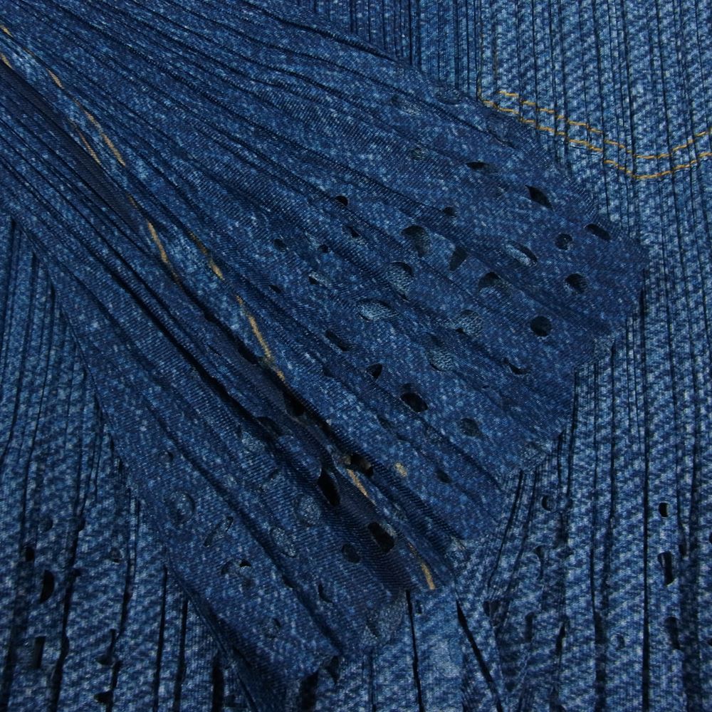 PLEATS PLEASE プリーツプリーズ イッセイミヤケ PP31-JJ703 プリーツ加工 デニム 転写 プリント カットワーク ジャケット インディゴブルー系 3【美品】【中古】