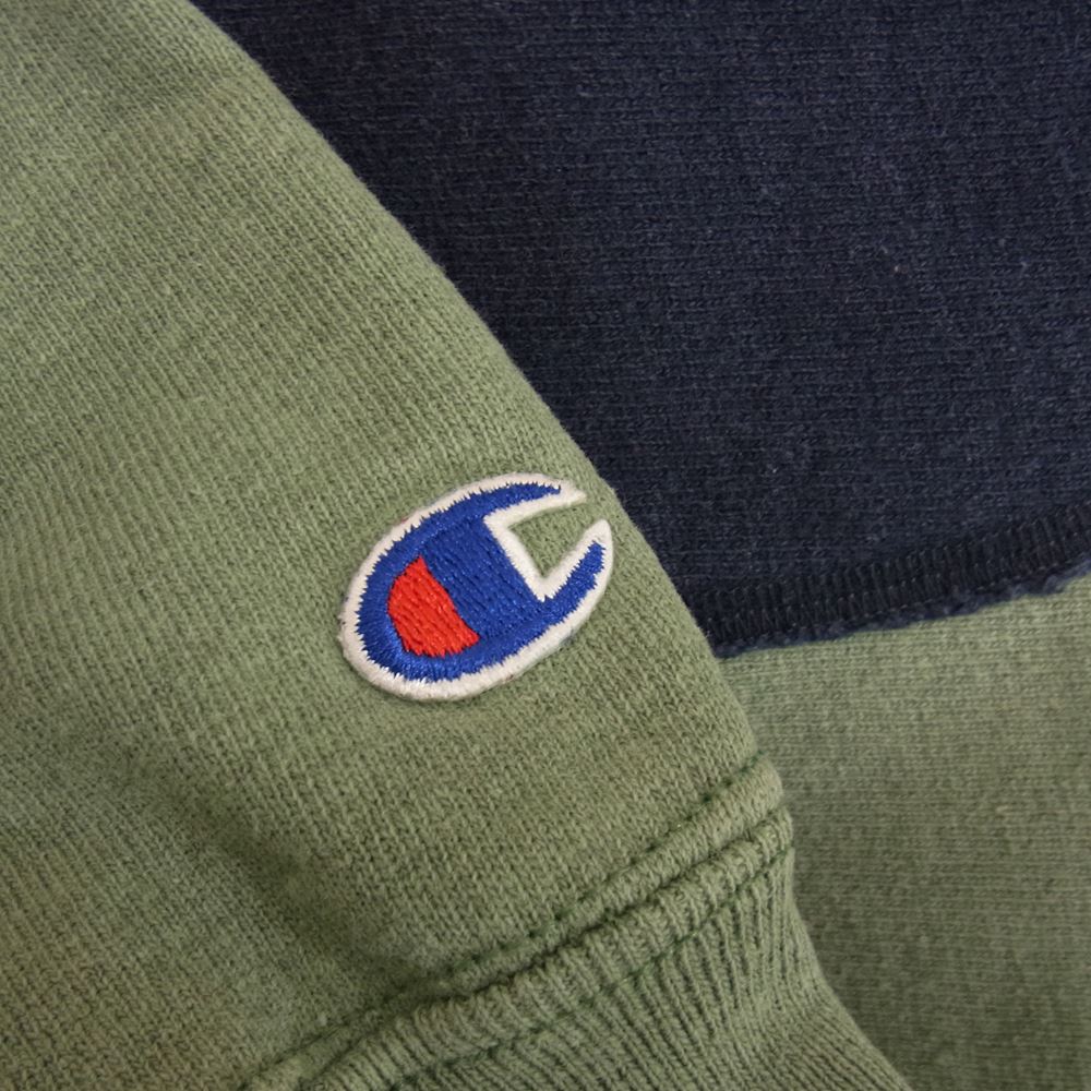 Champion チャンピオン 90s REVERSE WEAVE リメイク エルボーパッチ ダブル ネック リバースウィーブ スウェット モスグリーン系 XL【中古】