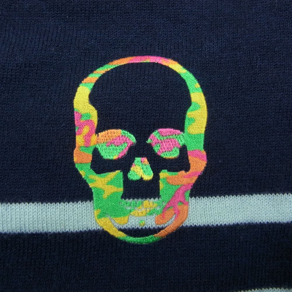 Lucien Pellat-Finet ルシアンペラフィネ カシミア スカル刺繍 Vネック ボーダー ニット カモフラ スカル ネイビー系 M【中古】