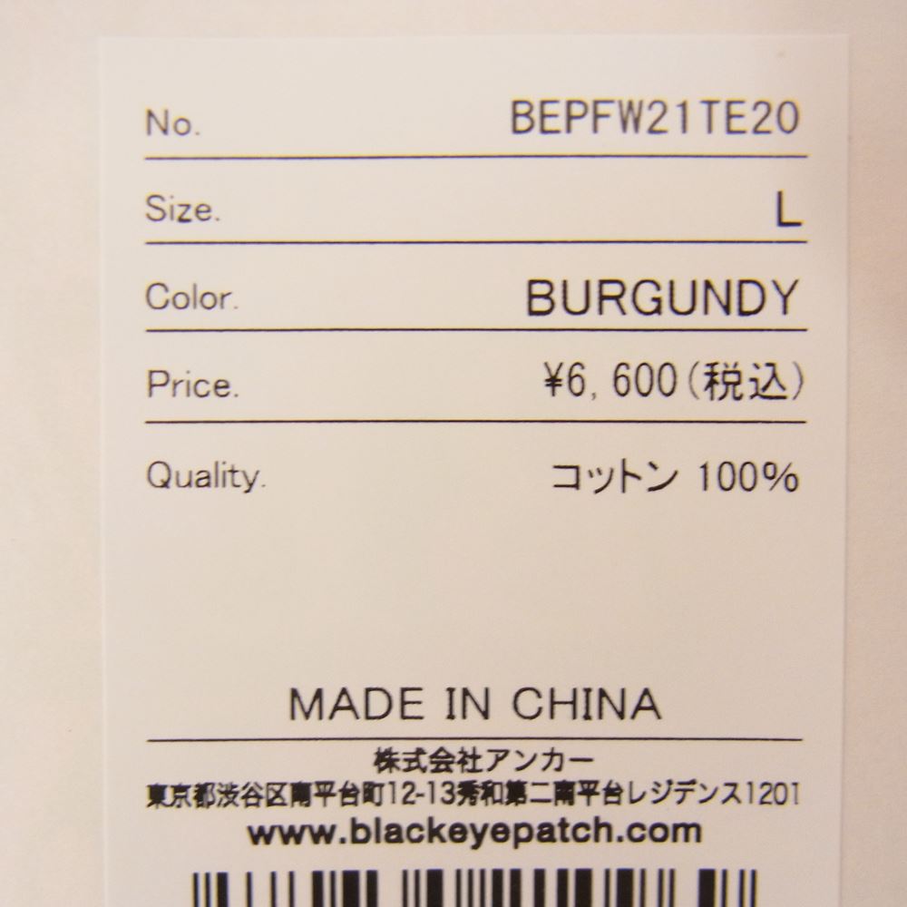 ブラックアイパッチ 21AW BEPFW21TE20 Handle With Care TEE プリント 半袖 Tシャツ エンジ系 L【新古品】【未使用】【中古】