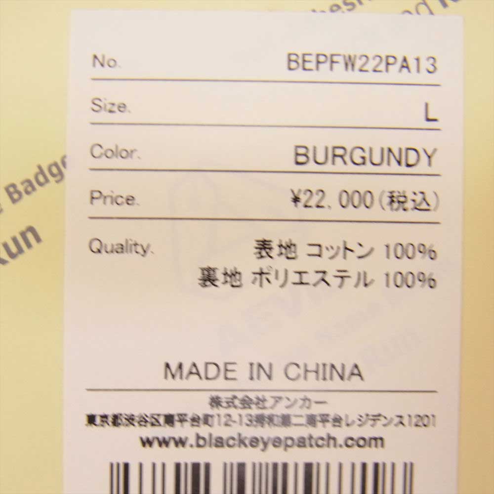 ブラックアイパッチ 22AW BEPFW22PA13 ロゴ刺繍 コーデュロイ イージー パンツ エンジ系 L【新古品】【未使用】【中古】