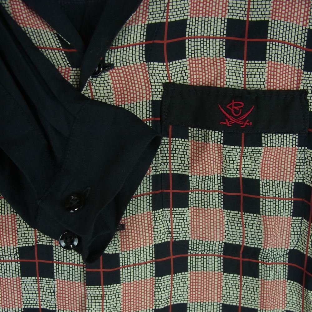 R.J.B アールジェイビー clippers クリッパーズ レーヨン オープンカラー 長袖 シャツ 日本製 ブラック系 レッド系 38【中古】