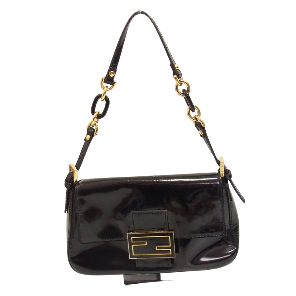 FENDI フェンディ パテント エナメル レザー ハンド バッグ ブラック系 