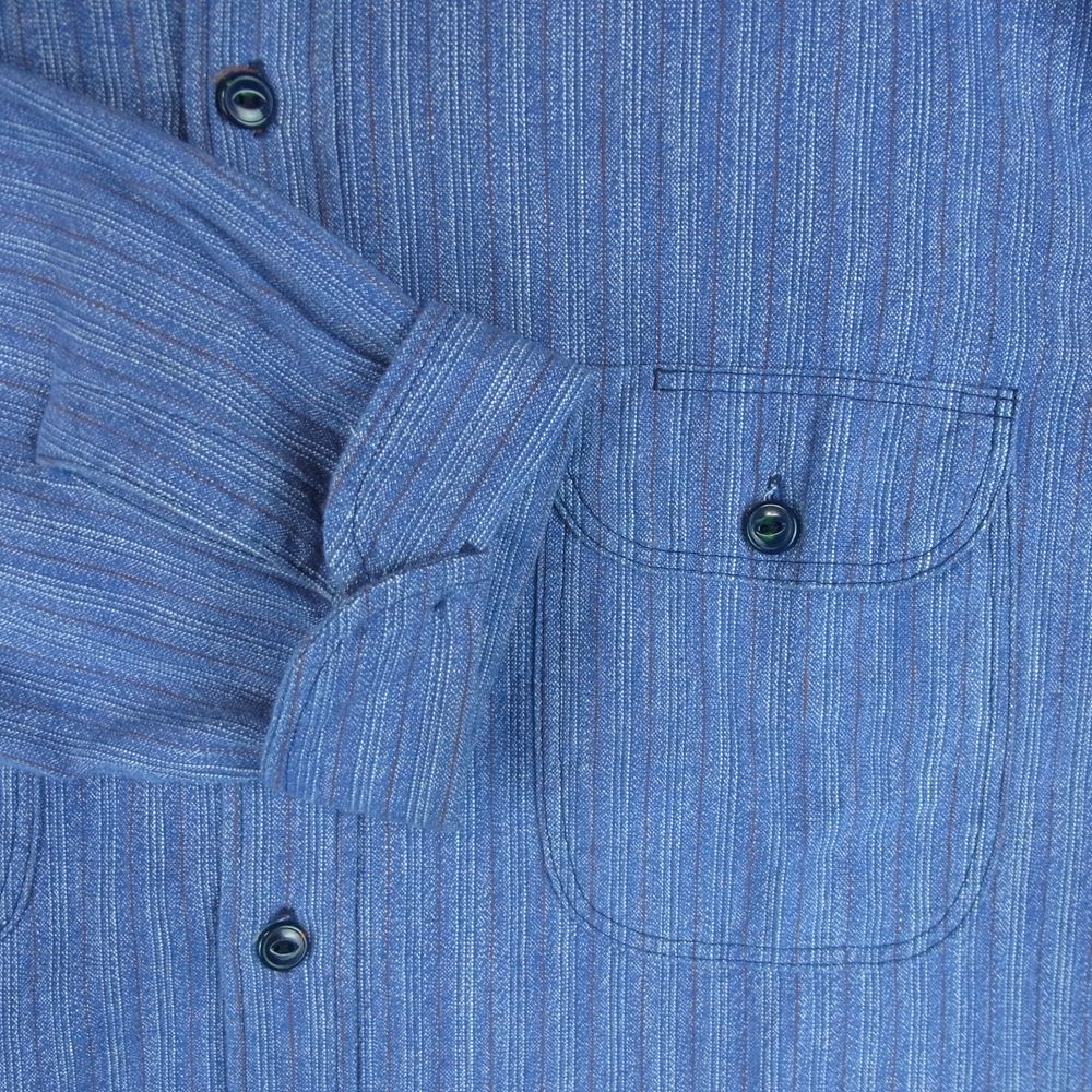 TENDERLOIN テンダーロイン スタンドカラー バンドカラー ストライプ 長袖 シャツ 日本製 ブルー系 紫がかった青系 L【中古】