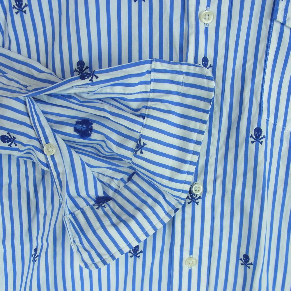 RALPH LAUREN ラルフローレン スカル 刺繍 ボタンダウン ストライプ 長袖 シャツ スリランカ製 ブルー系 ホワイト系 S【中古】