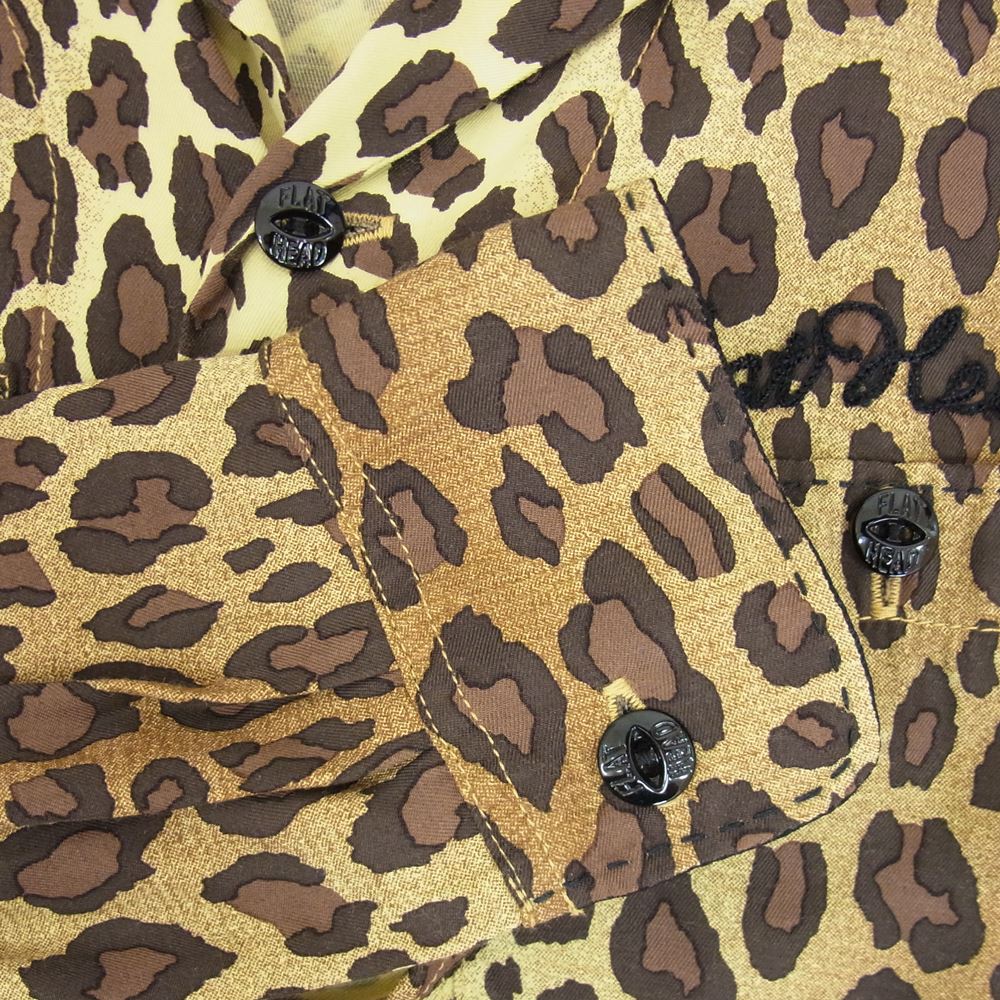 THE FLAT HEAD ザフラットヘッド Black Mint レーヨン ヒョウ柄 プリント 長袖 オープンカラー シャツ ブラウン系 S【中古】