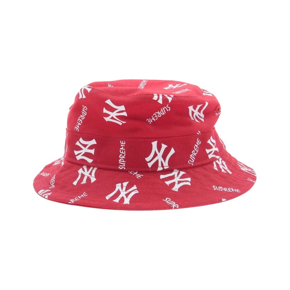 Supreme シュプリーム 15SS × NEW YORK YANKEES ニューヨークヤンキース 47 Crusher Hat ロゴ 総柄 クラッシャー バケット ハット レッド系 S-M【美品】【中古】