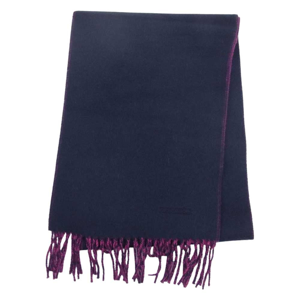 HERMES エルメス リバーシブル カシミヤ ロゴ刺繍 フリンジ マフラー ストール ネイビー系 パープル系【美品】【中古】