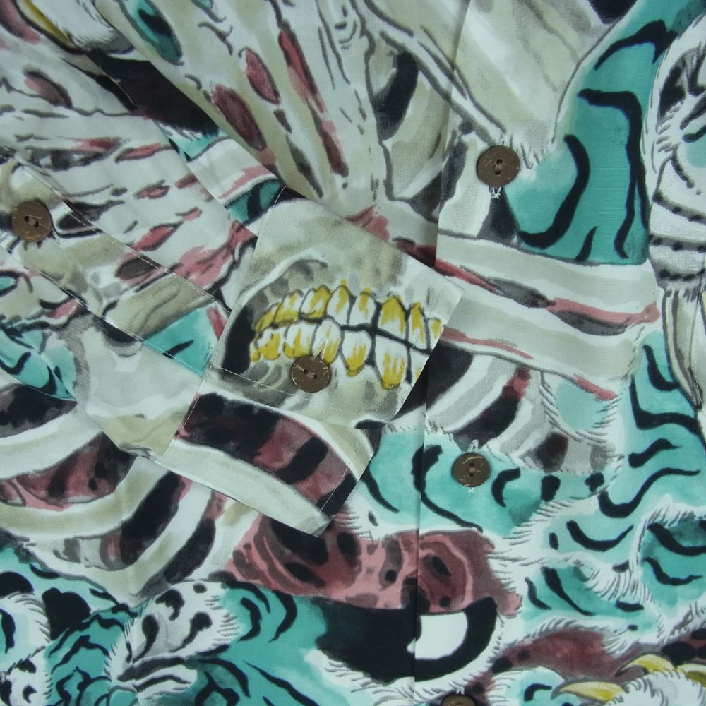 WACKO MARIA ワコマリア 22AW 22FW-WMS-HI02 TIM LEHI ティムリーハイ HAWAIIAN L/S SHIRT TYPE-2 ハワイアン 虎 総柄 レーヨン アロハ 長袖 シャツ ライトブルー系 L【新古品】【未使用】【中古】