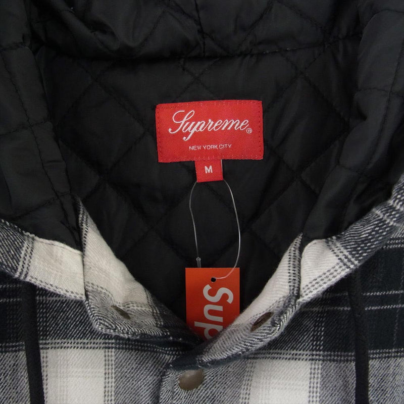 Supreme シュプリーム 19AW Quilted Hooded Plaid Shirt フード付き アーチロゴ ワッペン付き オンブレ チェック  シャツ ジャケット グレー系 ブラック系 M【中古】