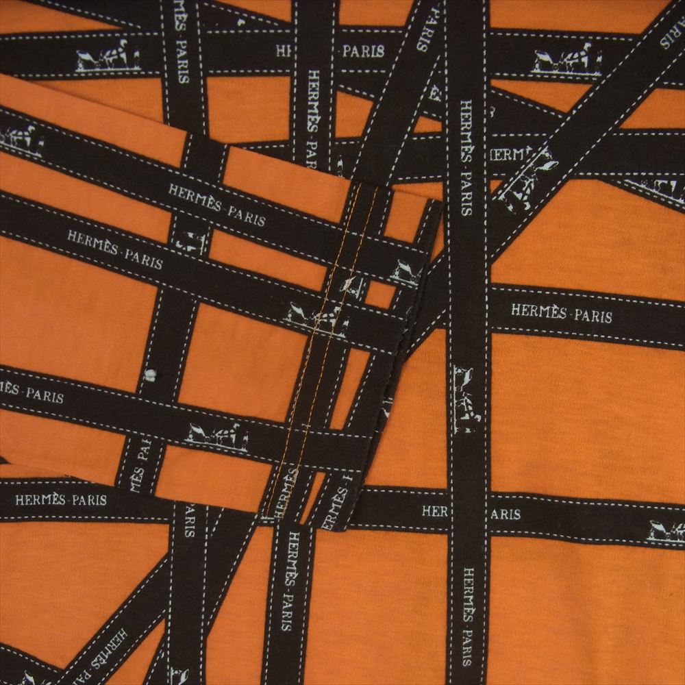 HERMES エルメス ボルデュック リボン柄 ロゴ カットソー 長袖 Tシャツ ロンT イタリア製 オレンジ系 ブラック系 XL【中古】