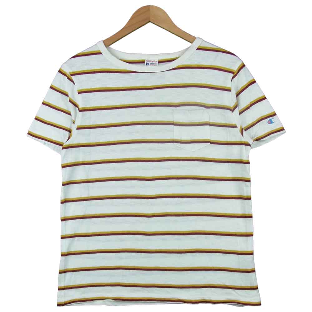Champion チャンピオン C3-K318 小文字ランタグ 復刻 ボーダー 半袖 Tシャツ ホワイト系 レッド系 イエロー系 M【中古】