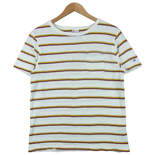 Champion チャンピオン C3-K318 小文字ランタグ 復刻 ボーダー 半袖 Tシャツ ホワイト系 レッド系 イエロー系 M【中古】