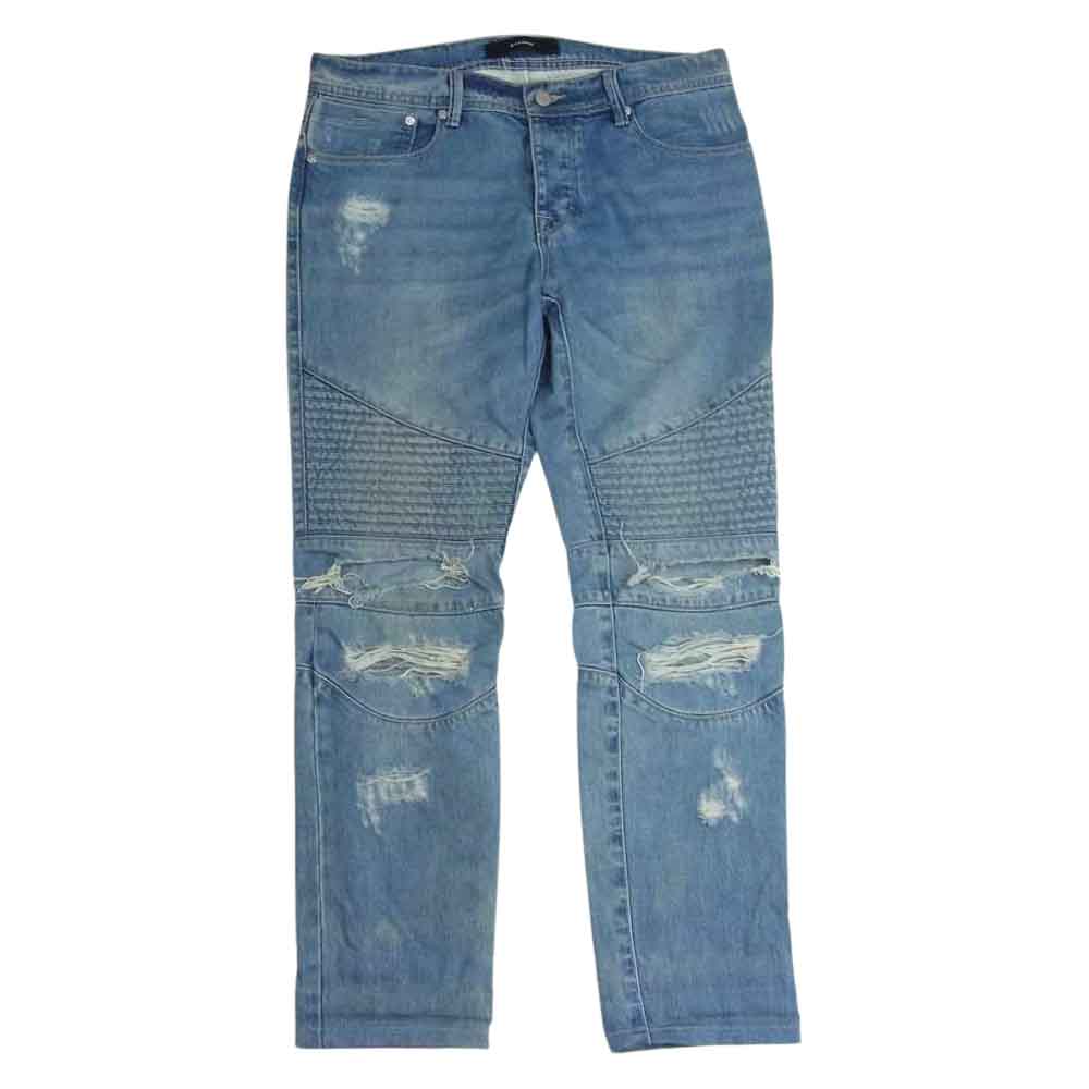 スタンプド ダメージ加工 バイカー デニム パンツ ライトブルー インディゴブルー系 31【中古】
