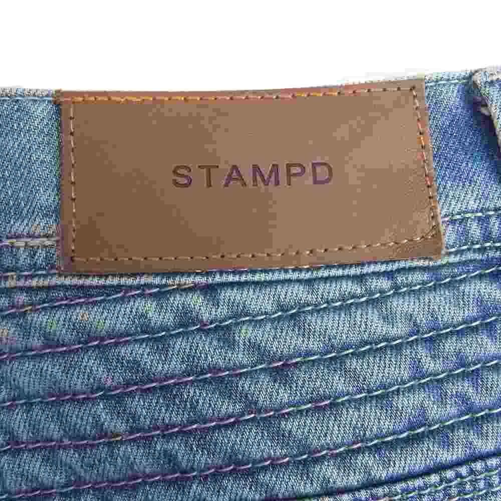 スタンプド ダメージ加工 バイカー デニム パンツ ライトブルー インディゴブルー系 31【中古】