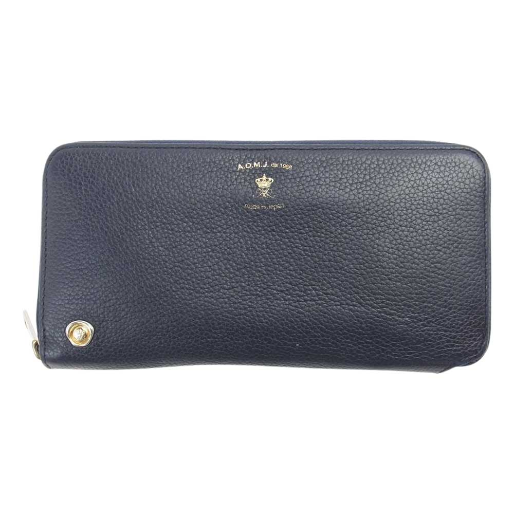 エーディーエムジェイ ラウンドジップ レザー 長財布 ウォレット ネイビー系【中古】