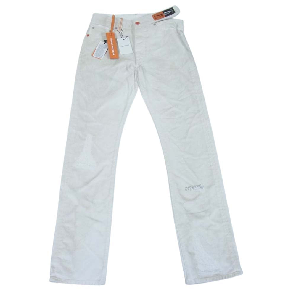 ヘロンプレストン Code 8000 Hammer jeans ダメージ加工 ロゴ ラインストーン ストレート デニム パンツ ホワイト系 26【極上美品】【中古】