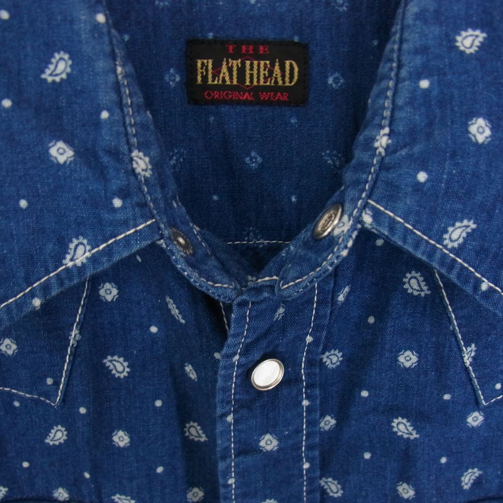 THE FLAT HEAD ザフラットヘッド ペイズリー柄 半袖 ウエスタン シャツ ネイビー系 34【中古】