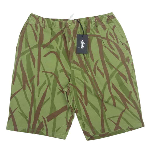 STUSSY ステューシー CAMO PULL ON BEACH カモフラ トライバル リーフ総柄 ショーツ ハーフパンツ カーキ系 L【中古】